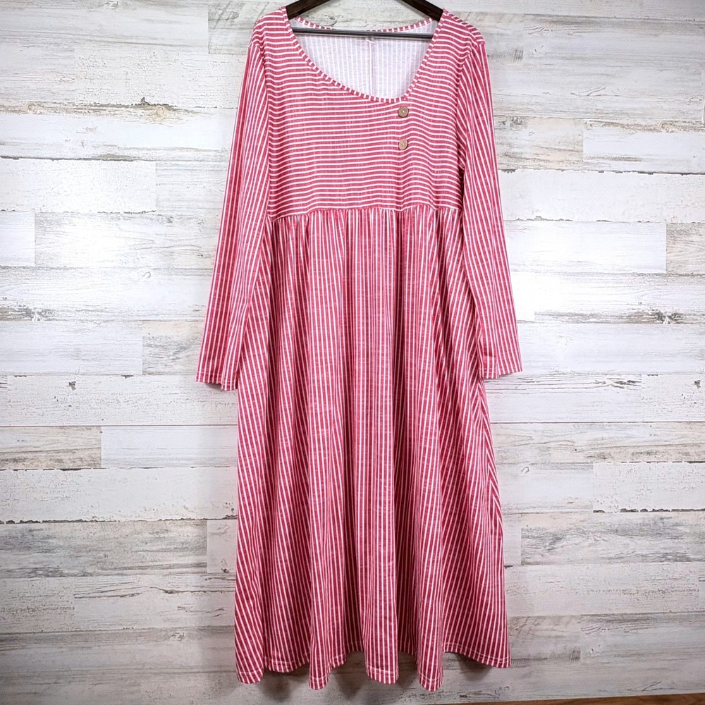 Zolucky Maxi Dress Womens XXL Pink Striped Long‎ Sleeve Pocket Empire Waist Boho